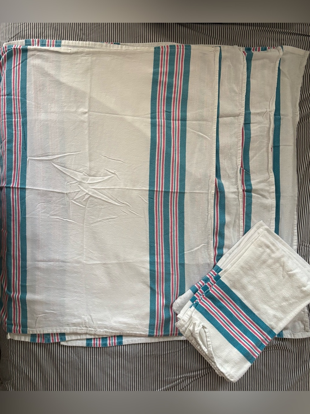 White Lot of Blankets with Teal & Pink Stripes